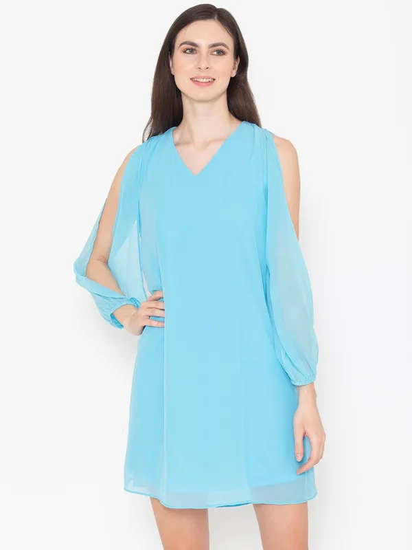 Turquoise_Blue_Cotton_Cold-Shoulder_Sleeves_A-Line_Dress_For_Women