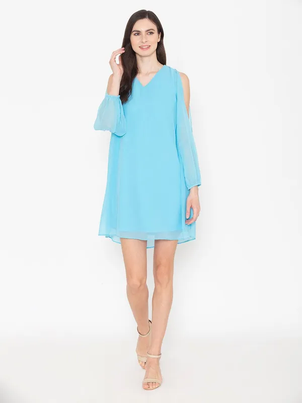 Turquoise_Blue_Cotton_Cold-Shoulder_Sleeves_A-Line_Dress_For_Women