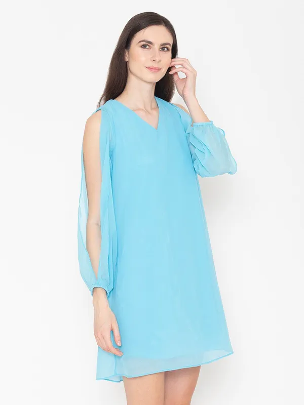 Turquoise_Blue_Cotton_Cold-Shoulder_Sleeves_A-Line_Dress_For_Women