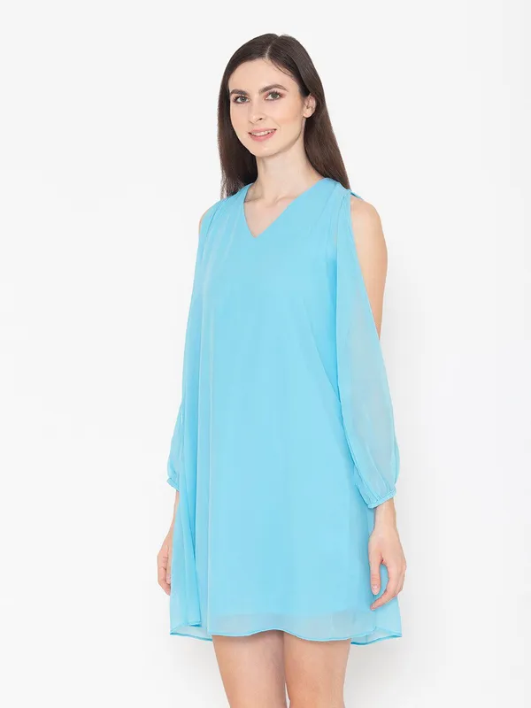 Turquoise_Blue_Cotton_Cold-Shoulder_Sleeves_A-Line_Dress_For_Women