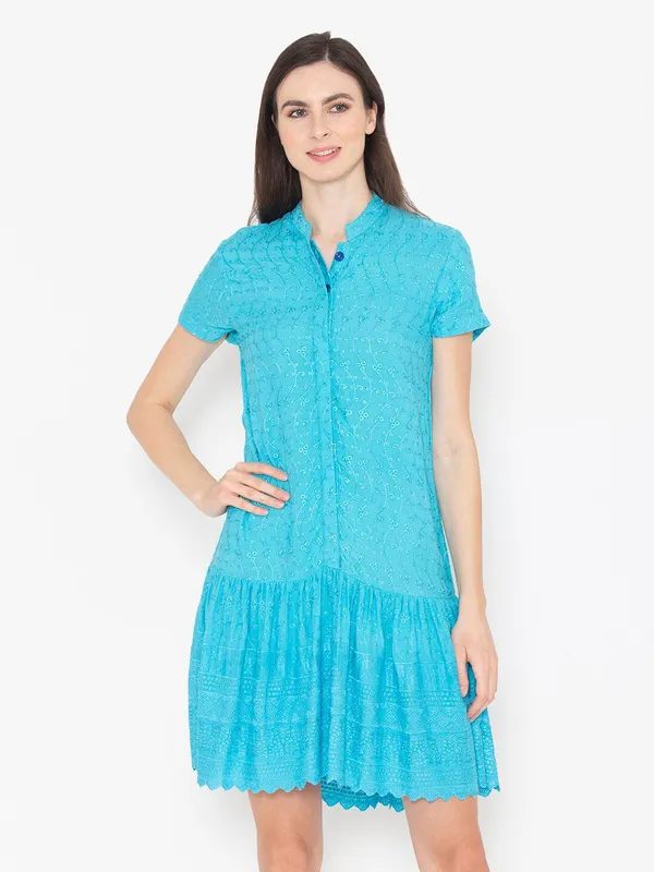 Turquoise_Blue_Cotton_Self_Design_Shirt_Dress_For_Women