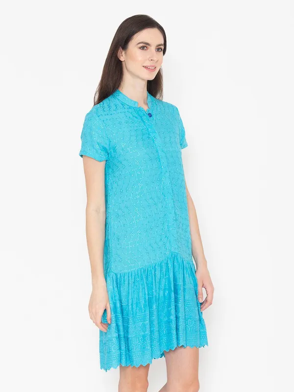 Turquoise_Blue_Cotton_Self_Design_Shirt_Dress_For_Women