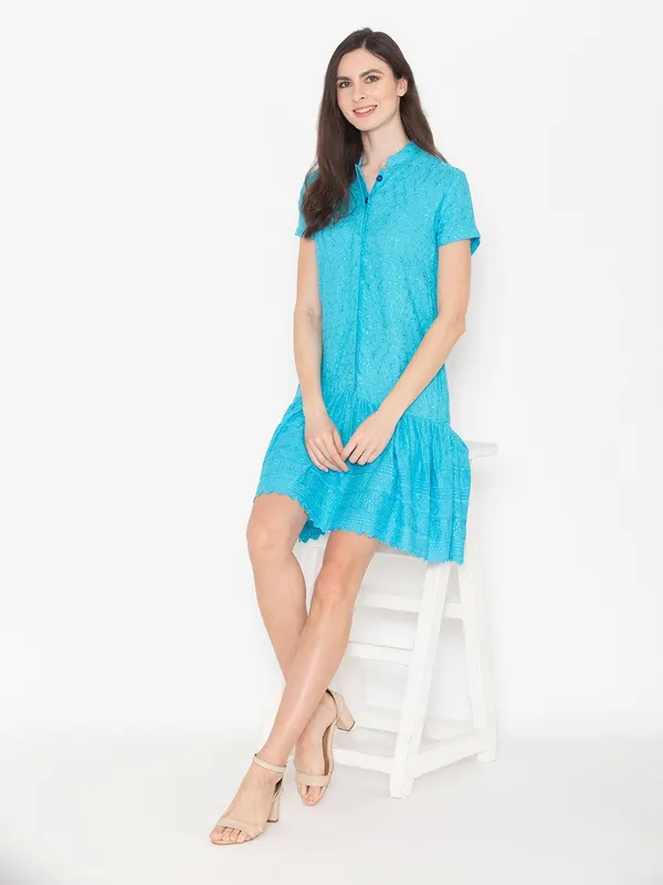 Turquoise_Blue_Cotton_Self_Design_Shirt_Dress_For_Women
