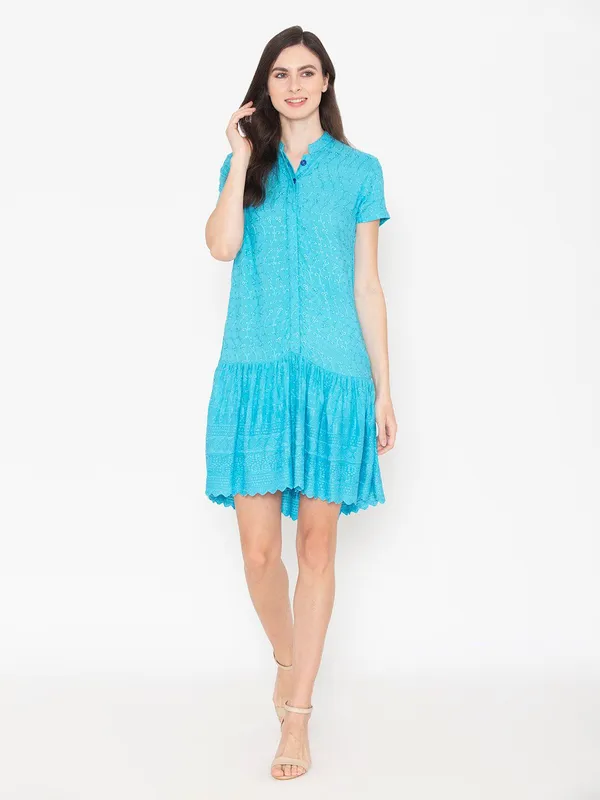 Turquoise_Blue_Cotton_Self_Design_Shirt_Dress_For_Women