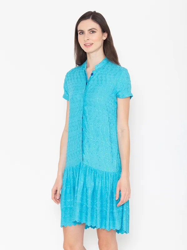 Turquoise_Blue_Cotton_Self_Design_Shirt_Dress_For_Women
