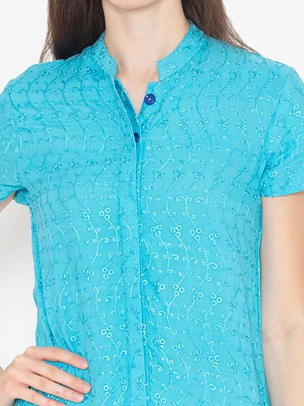 Turquoise_Blue_Cotton_Self_Design_Shirt_Dress_For_Women