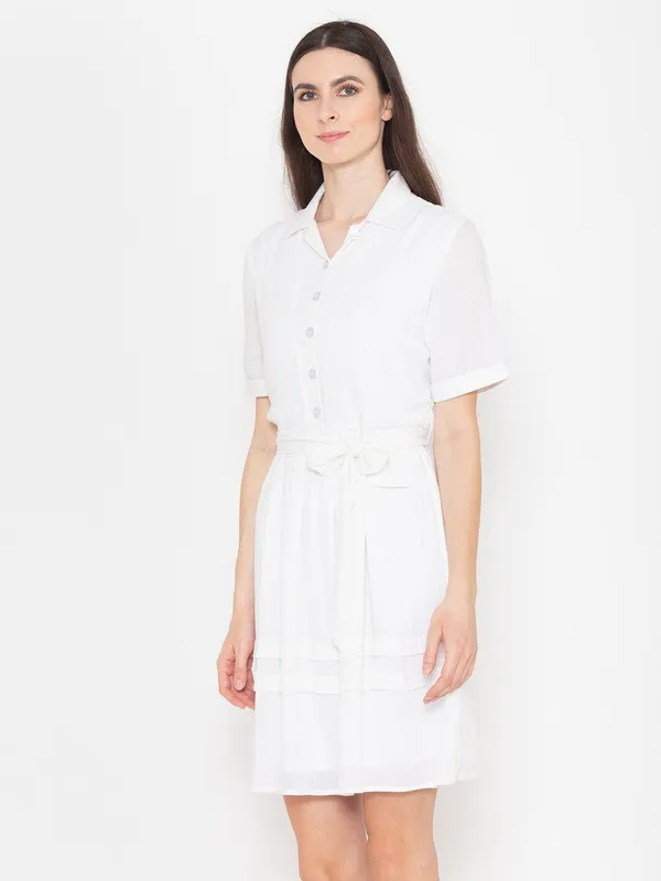 White_Cotton_Shirt_Collar_Short_Sleeves_Cotton_Belted_Shirt_Dress_For_Women