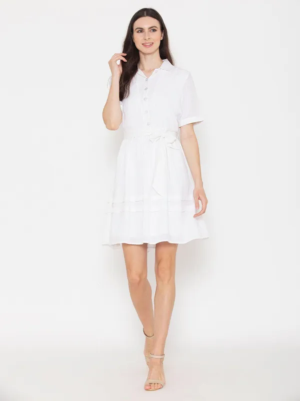 White_Cotton_Shirt_Collar_Short_Sleeves_Cotton_Belted_Shirt_Dress_For_Women