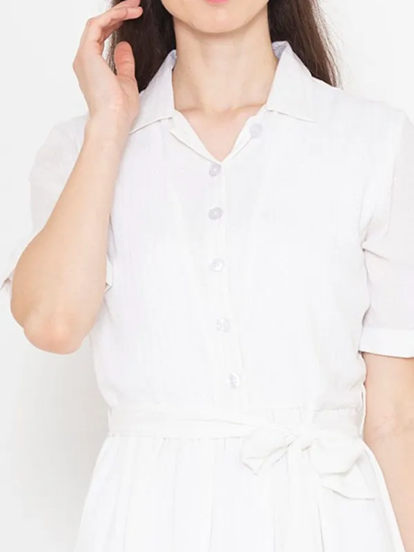 White_Cotton_Shirt_Collar_Short_Sleeves_Cotton_Belted_Shirt_Dress_For_Women