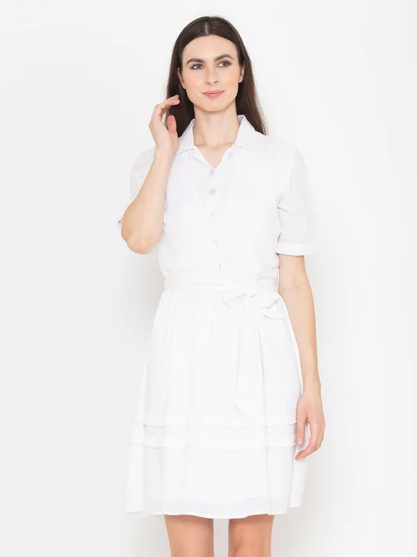 White_Cotton_Shirt_Collar_Short_Sleeves_Cotton_Belted_Shirt_Dress_For_Women
