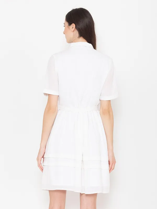 White_Cotton_Shirt_Collar_Short_Sleeves_Cotton_Belted_Shirt_Dress_For_Women