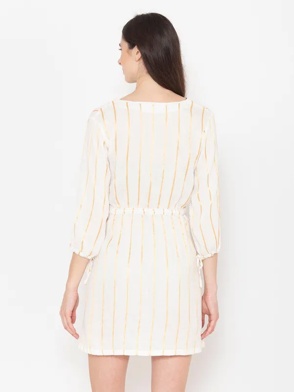 White_Cotton_Striped_Puff_Sleeve_Fit_&_Flare_Mini_Dress_For_Women