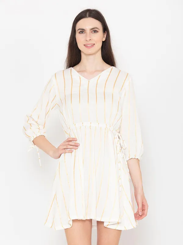 White_Cotton_Striped_Puff_Sleeve_Fit_&_Flare_Mini_Dress_For_Women