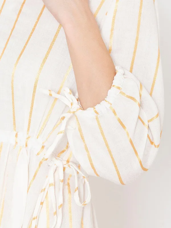 White_Cotton_Striped_Puff_Sleeve_Fit_&_Flare_Mini_Dress_For_Women