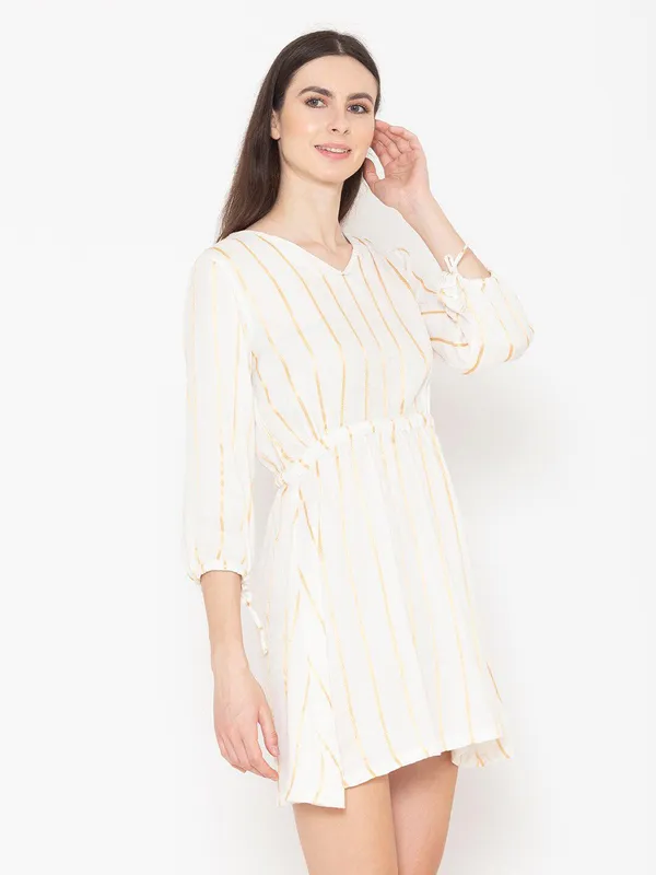 White_Cotton_Striped_Puff_Sleeve_Fit_&_Flare_Mini_Dress_For_Women