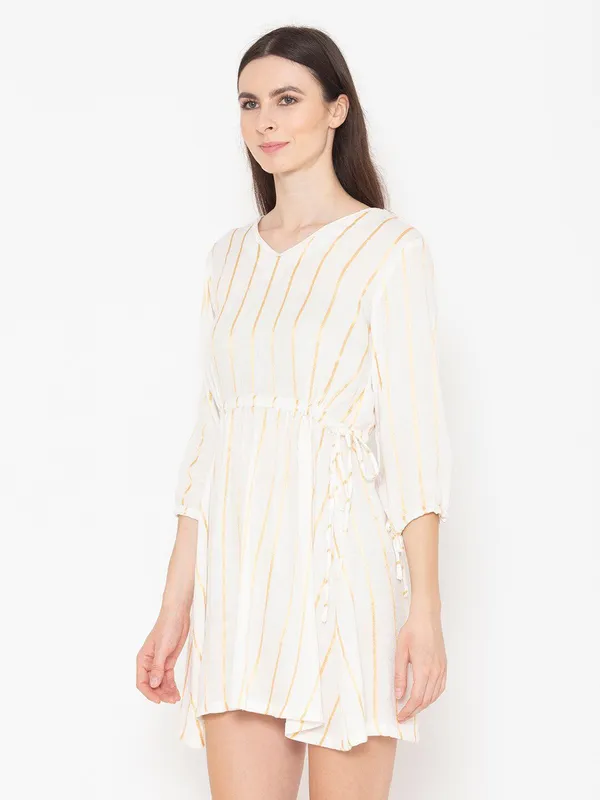 White_Cotton_Striped_Puff_Sleeve_Fit_&_Flare_Mini_Dress_For_Women