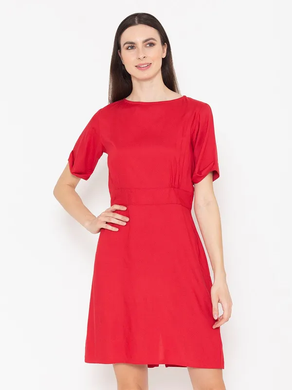 Red_Cotton_Round_Neck_A-Line_Dress_For_Women