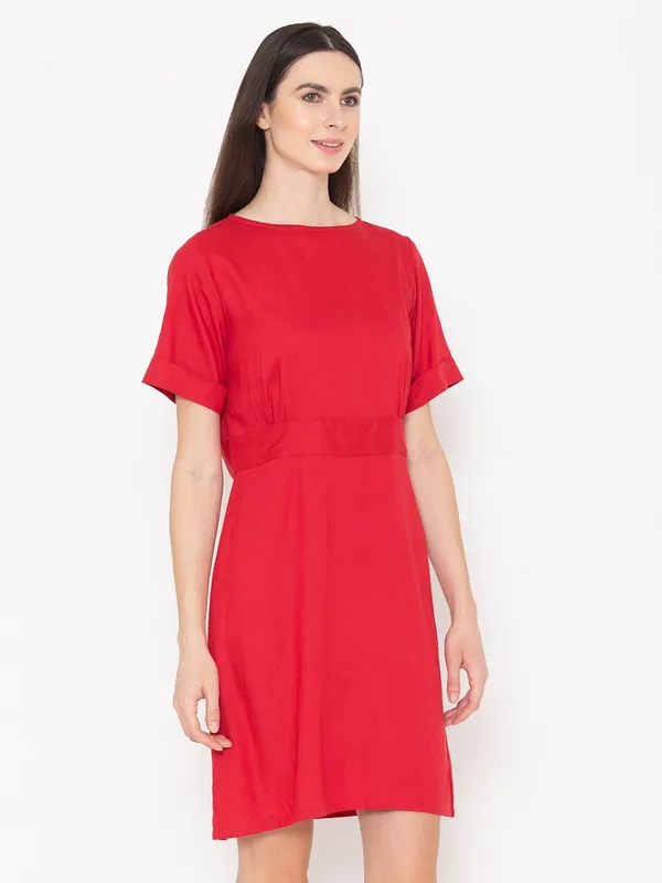 Red_Cotton_Round_Neck_A-Line_Dress_For_Women
