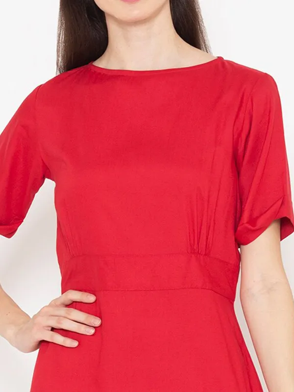 Red_Cotton_Round_Neck_A-Line_Dress_For_Women
