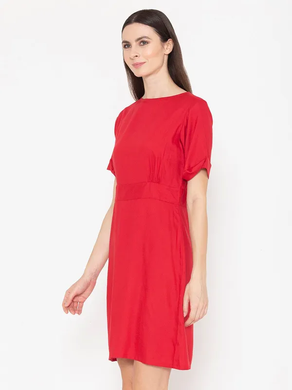 Red_Cotton_Round_Neck_A-Line_Dress_For_Women