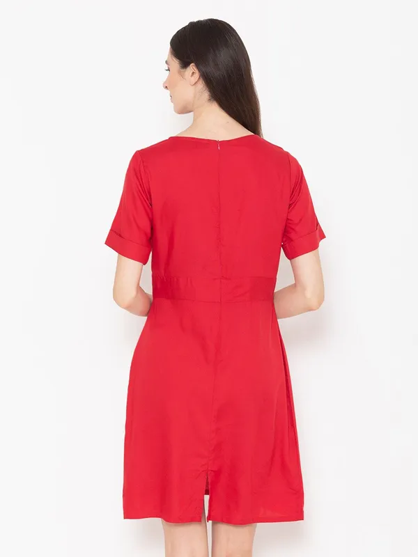 Red_Cotton_Round_Neck_A-Line_Dress_For_Women