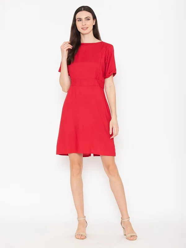 Red_Cotton_Round_Neck_A-Line_Dress_For_Women