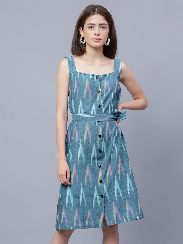 Teal_Cotton_Print_Fit_&_Flare_Dress_For_Women