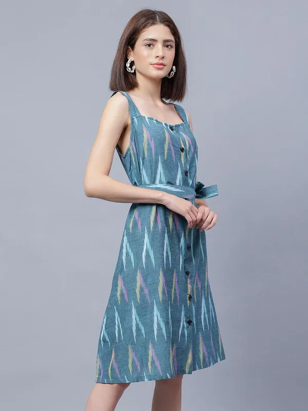Teal_Cotton_Print_Fit_&_Flare_Dress_For_Women