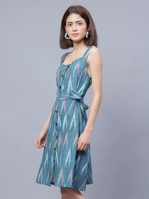 Teal_Cotton_Print_Fit_&_Flare_Dress_For_Women