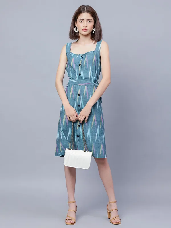 Teal_Cotton_Print_Fit_&_Flare_Dress_For_Women