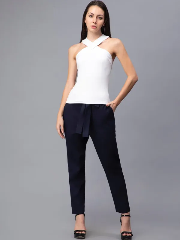 White_Cotton_V-Neck_Sleeveless_Top_&_Trousers_For_Women