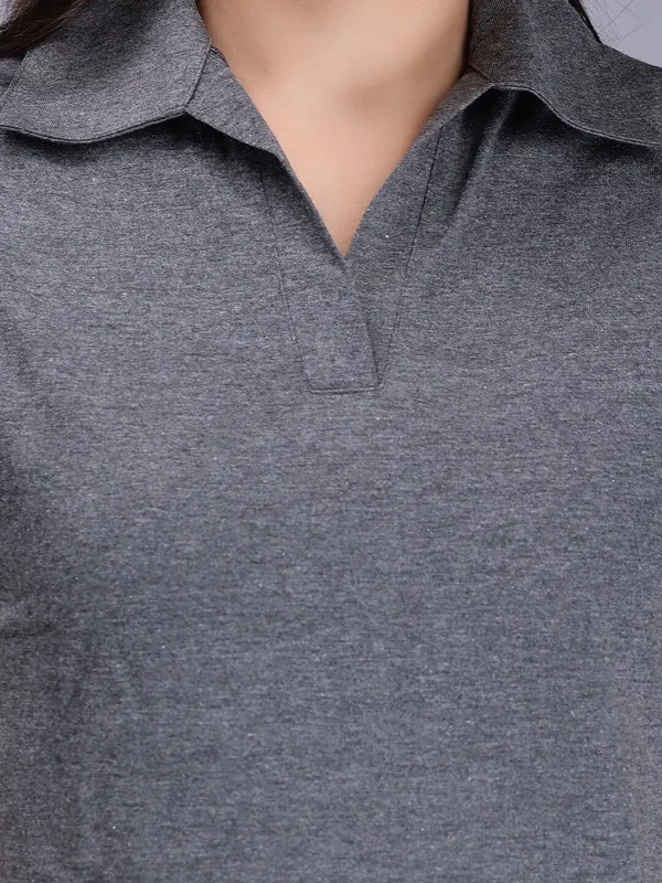 Charcoal_Cotton_Polo_Collar_Slim_Fit_Cotton_T-Shirt_For_Women