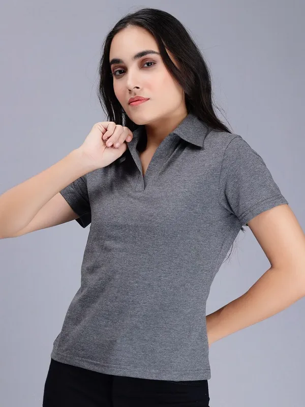 Charcoal_Cotton_Polo_Collar_Slim_Fit_Cotton_T-Shirt_For_Women