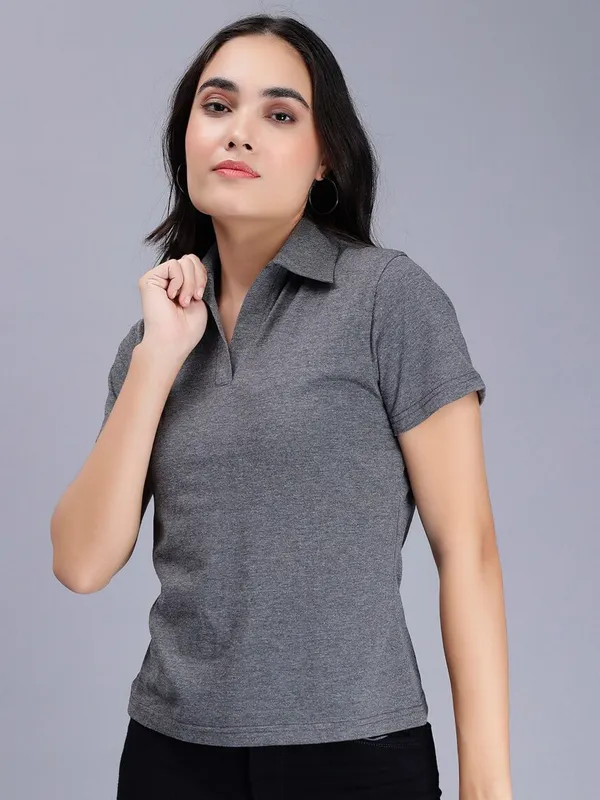 Charcoal_Cotton_Polo_Collar_Slim_Fit_Cotton_T-Shirt_For_Women