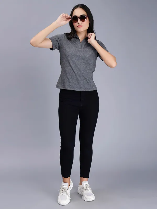 Charcoal_Cotton_Polo_Collar_Slim_Fit_Cotton_T-Shirt_For_Women