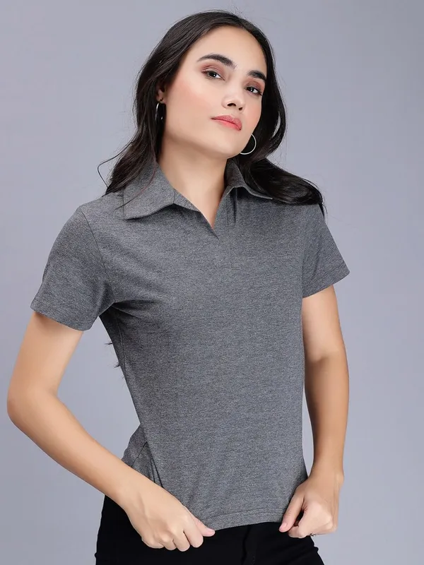 Charcoal_Cotton_Polo_Collar_Slim_Fit_Cotton_T-Shirt_For_Women
