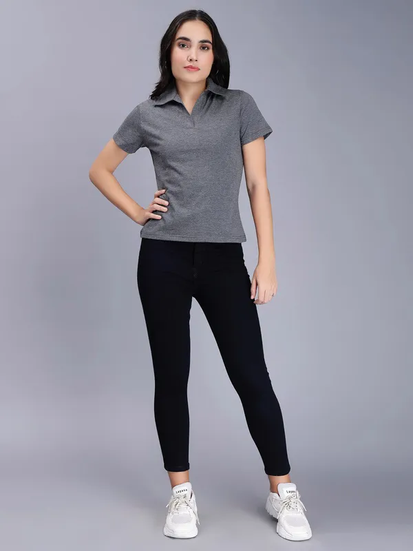 Charcoal_Cotton_Polo_Collar_Slim_Fit_Cotton_T-Shirt_For_Women