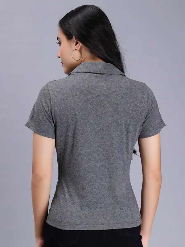 Charcoal_Cotton_Polo_Collar_Slim_Fit_Cotton_T-Shirt_For_Women