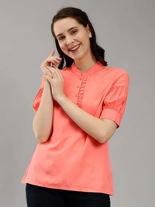 Coral_Cotton_Mandarin_Collar_Puff_Sleeves_Ruffles_Detailed_Top_For_Women