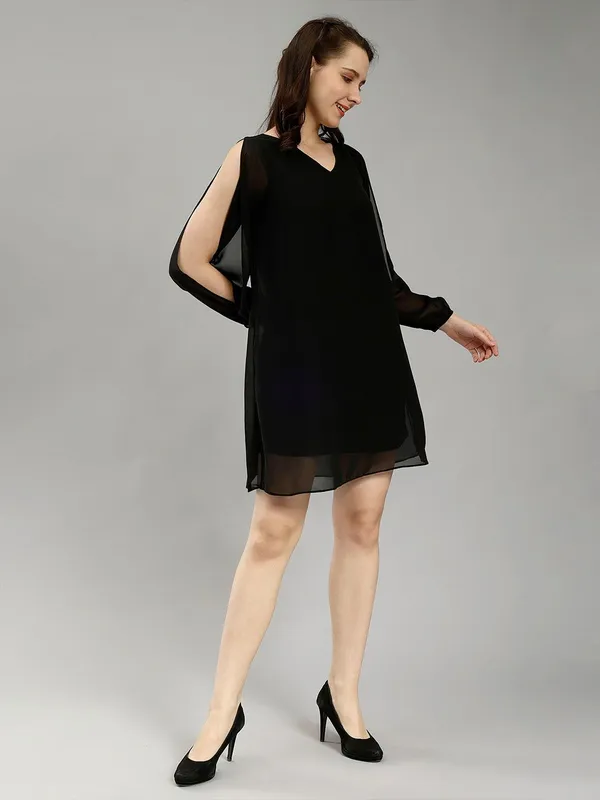 Black_Cotton_V-Neck_Slit_Sleeves_A-Line_Dress_For_Women