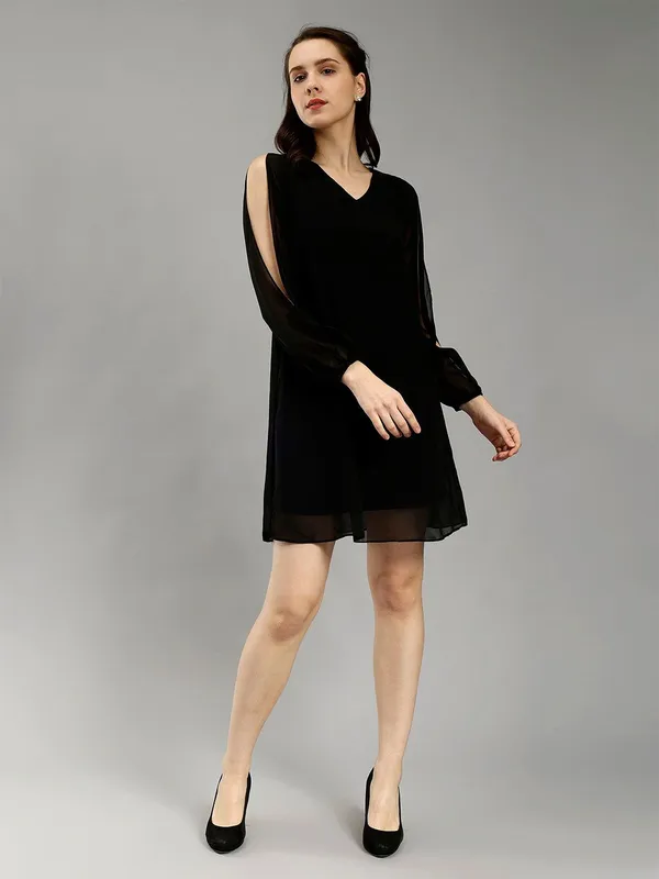 Black_Cotton_V-Neck_Slit_Sleeves_A-Line_Dress_For_Women