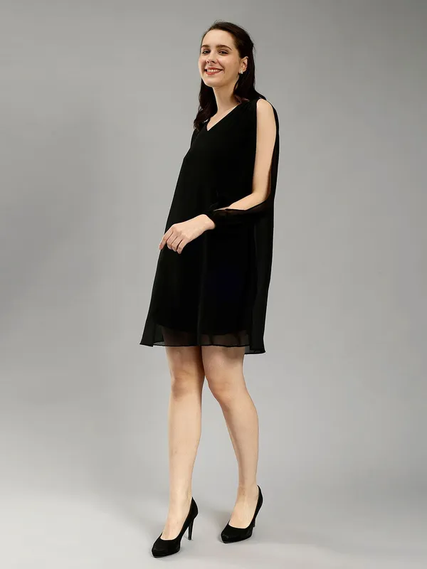Black_Cotton_V-Neck_Slit_Sleeves_A-Line_Dress_For_Women
