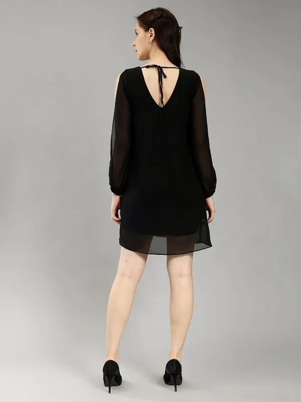 Black_Cotton_V-Neck_Slit_Sleeves_A-Line_Dress_For_Women