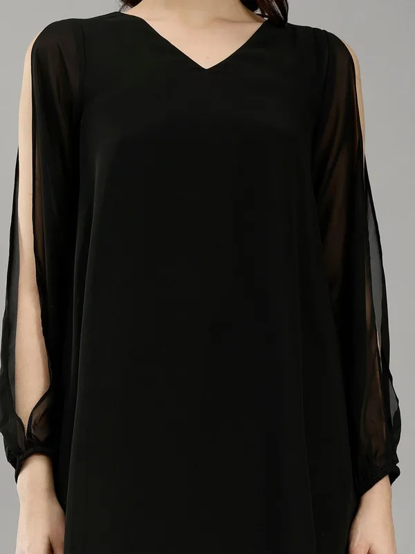 Black_Cotton_V-Neck_Slit_Sleeves_A-Line_Dress_For_Women
