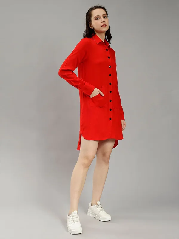 Red_Cotton_Spread_Collar_Cotton_Comfort_Longline_Slim_Fit_Casual_Shirt_For_Women