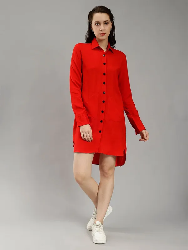 Red_Cotton_Spread_Collar_Cotton_Comfort_Longline_Slim_Fit_Casual_Shirt_For_Women