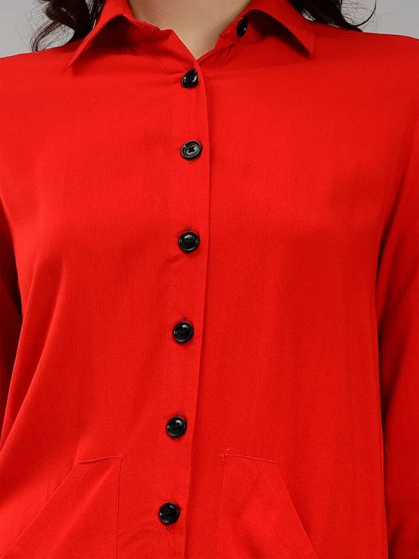 Red_Cotton_Spread_Collar_Cotton_Comfort_Longline_Slim_Fit_Casual_Shirt_For_Women