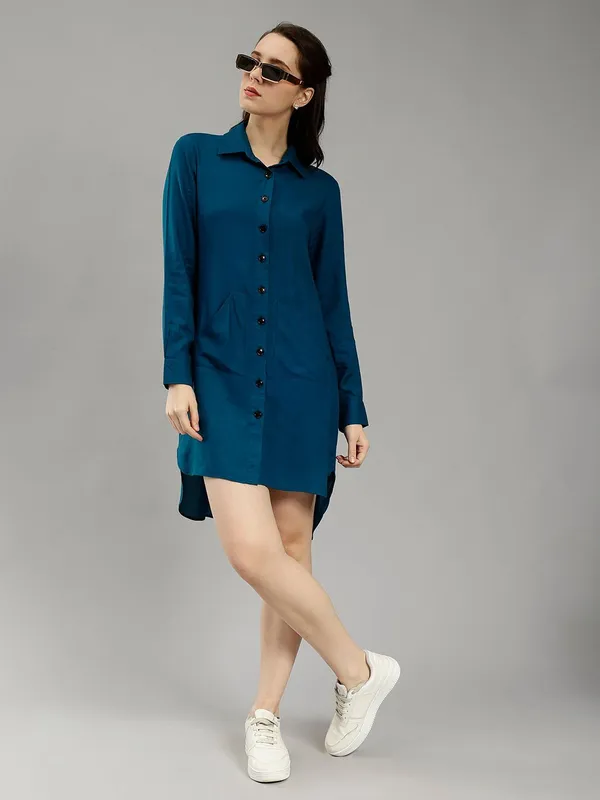 Teal_Cotton_Spread_Collar_Cotton_Comfort_Longline_Slim_Fit_Casual_Shirt_For_Women