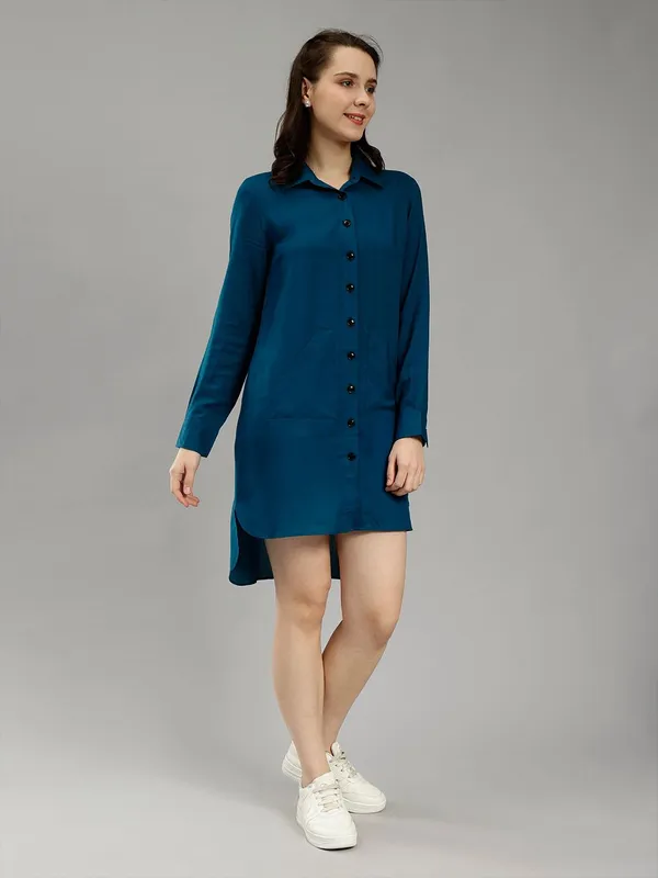 Teal_Cotton_Spread_Collar_Cotton_Comfort_Longline_Slim_Fit_Casual_Shirt_For_Women