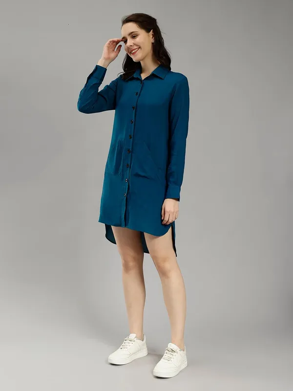 Teal_Cotton_Spread_Collar_Cotton_Comfort_Longline_Slim_Fit_Casual_Shirt_For_Women
